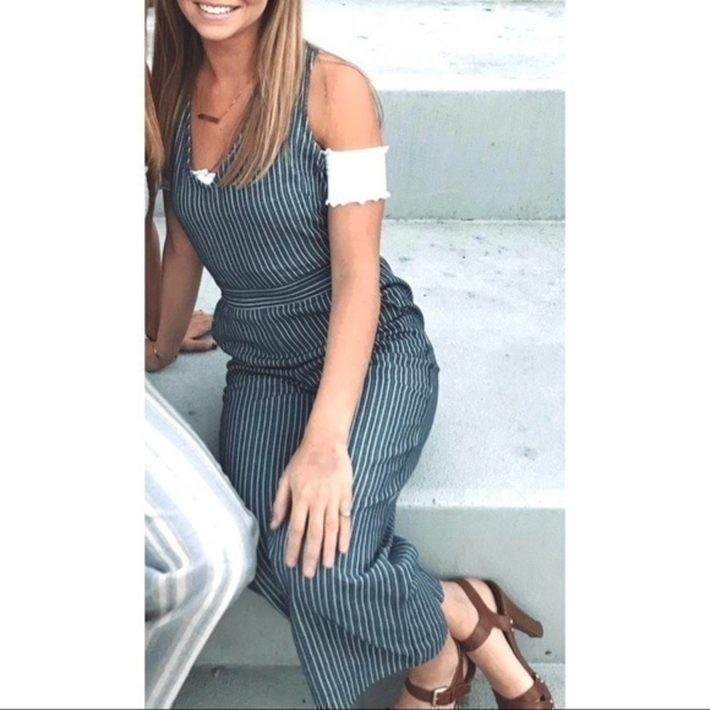 Skies Are Blue Pinstripe Jumpsuit Halted Neck